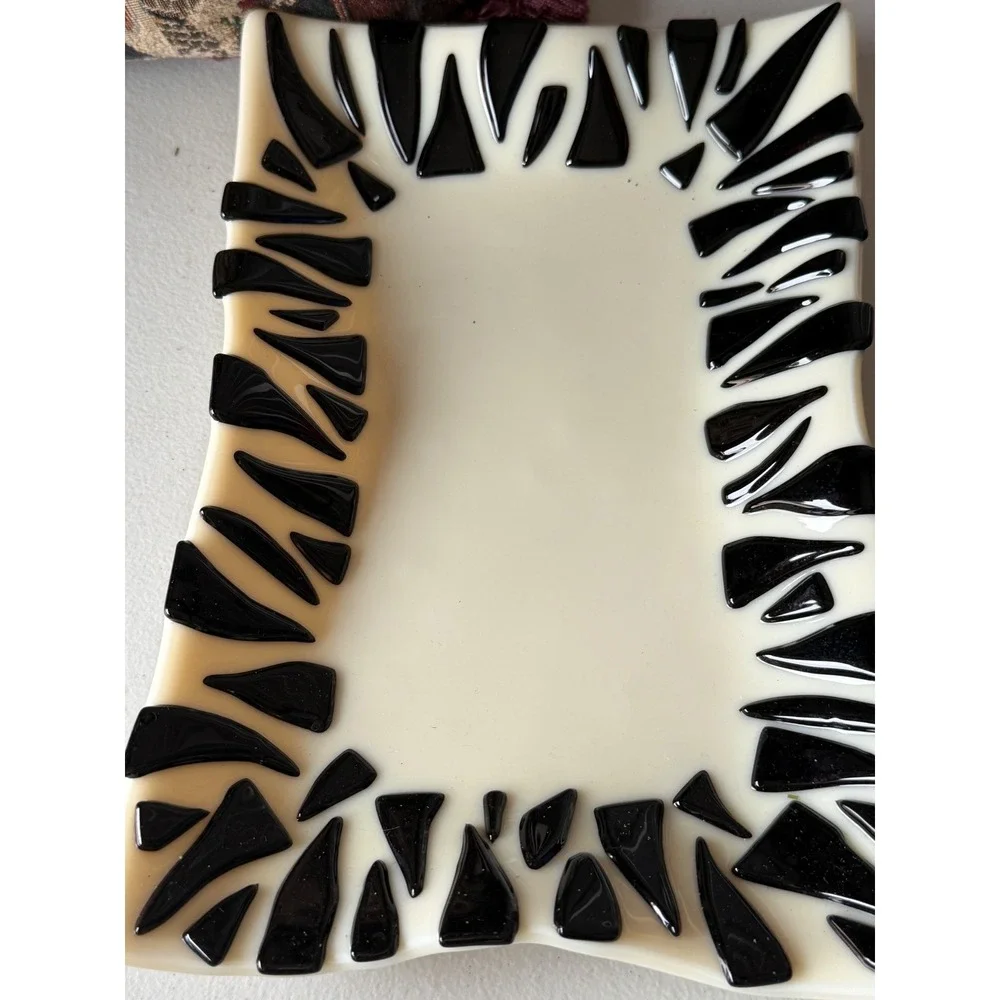Handmade Fused Glass Zebra Pattern Tray Cream and Black Decorative Art Dish